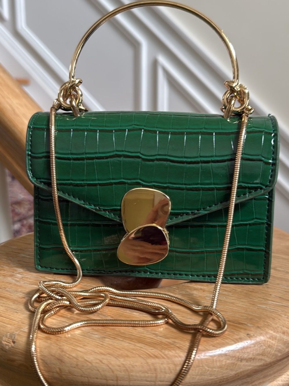 Mini Green Croc-Embossed Top-Handle Crossbody Bag with Gold Hardware